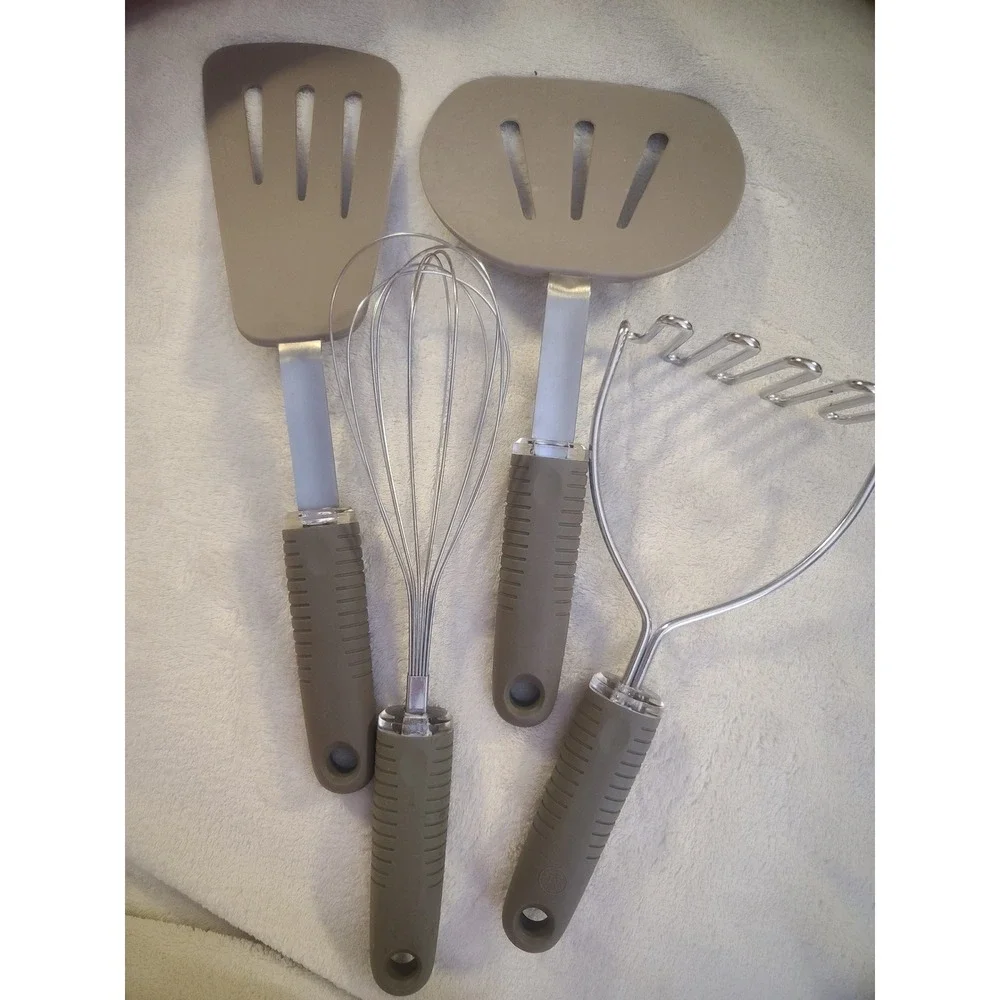 Martha Stewart Kitchen Utensil Set 4pc Taupe Gray Silicone Stainless Steel Whisk
